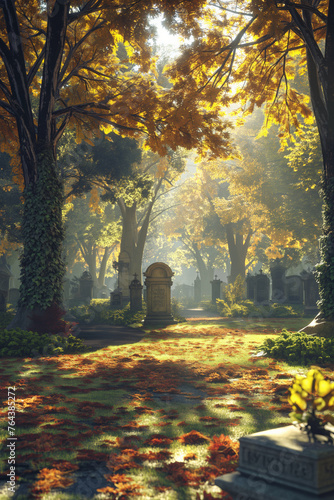 Serene Autumn Cemetery Bathed in Golden Morning Light, Peaceful Tranquility © zakiroff