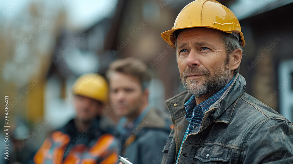 A man in a yellow hard hat stands with two other men A man in a yellow hard hat stands with two other men