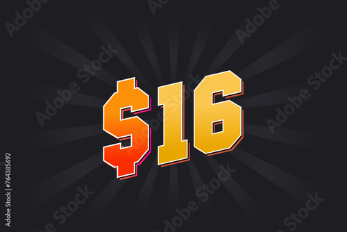 16 Dollar American Money vector text symbol. $16 USD United States Dollar stock vector