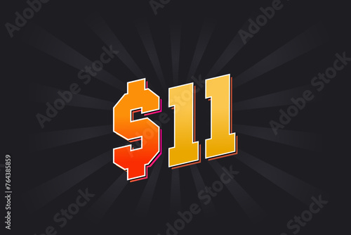 11 Dollar American Money vector text symbol. $11 USD United States Dollar stock vector