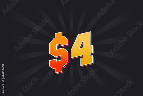 4 Dollar American Money vector text symbol. $4 USD United States Dollar stock vector