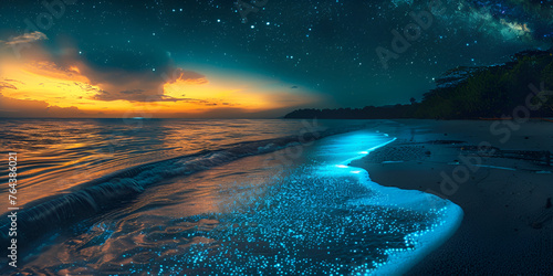 A beach at night with blue lights on the water, Bioluminescence, Jervis Bay photo