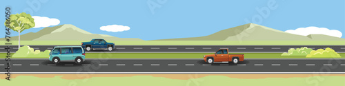 Travels of car with driving for banner. Asphalt road highway near the meadow with green mountain under clear sky. Trees and grass divide the road. Copy Space Flat Vector. © thongchainak