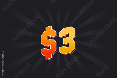 3 Dollar American Money vector text symbol. $3 USD United States Dollar stock vector