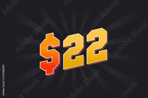 22 Dollar American Money vector text symbol. $22 USD United States Dollar stock vector