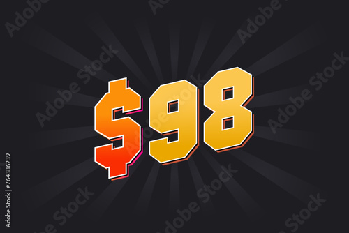 98 Dollar American Money vector text symbol. $98 USD United States Dollar stock vector