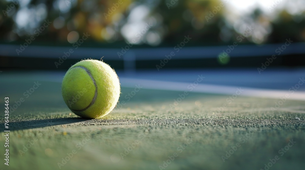 Close up green tennis ball with shadow on outdoor tennis court blur background. AI generated