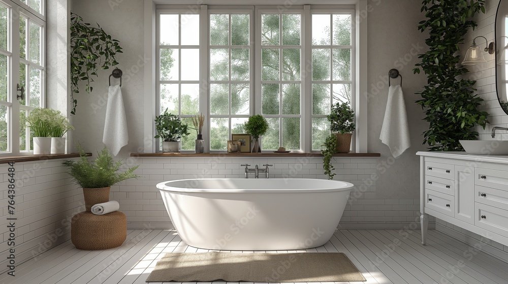 White cozy bathroom interior, farmhouse style, 3d render. Decor concept. Real estate concept. Art concept. Bathroom concept. Stylist concept. 3d render concept White cozy bathroom interior, farmhouse style, 3d render. Decor concept. Real estate concept. Art concept. Bathroom concept. Stylist concept. 3d render concept