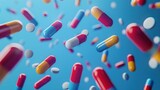 Pharmaceutical capsules fall isolated on light blue background. AI generated image