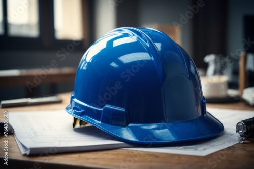 Blue construction helmet on building blueprint paper with project plan on table.