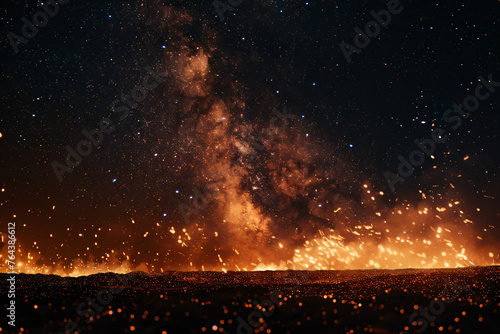 Starry sky with Milky Way, fire in the background, long exposure photography, dark black and white and light brown colors, low angle shot, super realistic style, high resolution, professional quality 