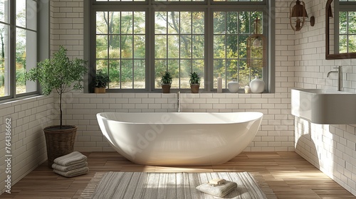 White cozy bathroom interior  farmhouse style  3d render. Decor concept. Real estate concept. Art concept. Bathroom concept. Stylist concept. 3d render concept