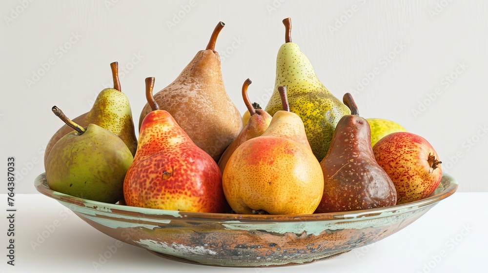 There are vibrant pears in a bowl on a plain white surface.