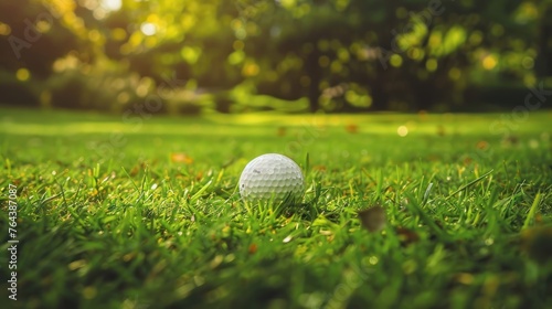 Close up white golf ball sport on course grass with blur background. AI generated image