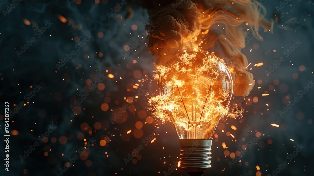3d rendering of light bulb exploding with flames isolated on a dark background. AI generated - obrazy, fototapety, plakaty 