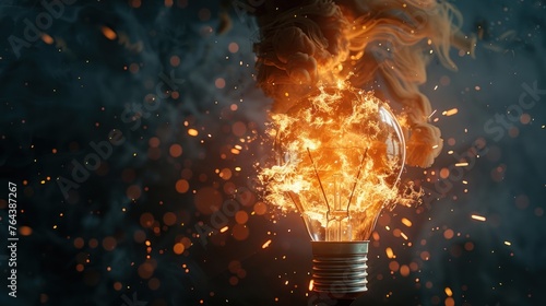 3d rendering of light bulb exploding with flames isolated on a dark background. AI generated