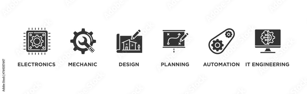 Engineering banner web icon vector illustration concept with icon of electronics, mechanic, design, planning, automation and it engineering Engineering banner web icon vector illustration concept with icon of electronics, mechanic, design, planning, automation and it engineering