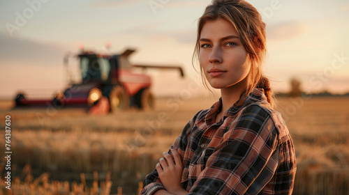 Proud attractive confident female farmer standing in front of agricultural machinery photo