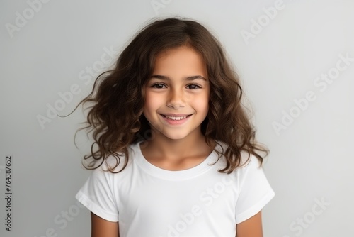 Portrait of a cute little girl with long curly hair on grey background