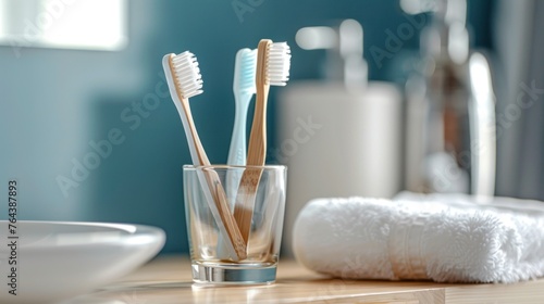 Toothbrushes in a transparent glass with white towels on tabletop in bathroom. AI generated