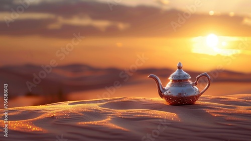 Tea pot over the sand of desert at sunset scenery with empty space. AI generated image
