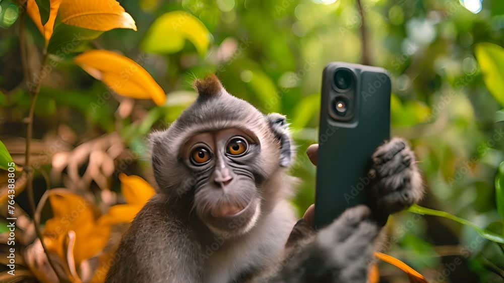 monkey taking a selfie with his mobile phone, generative ai. Stock ...