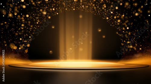 Beautiful golden confetti on empty festival stage