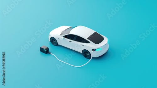 3d Rendering white electric car have battery charger isolated on blue background. AI generated image