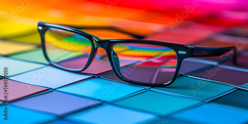 A pair of eyeglasses with reflective lenses placed on a colorful palette of swatches AI Generative