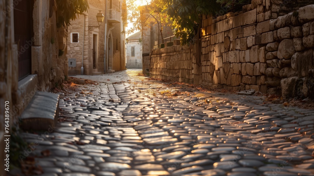 Golden sunset illuminating an old cobblestone street, evoking a historical atmosphere