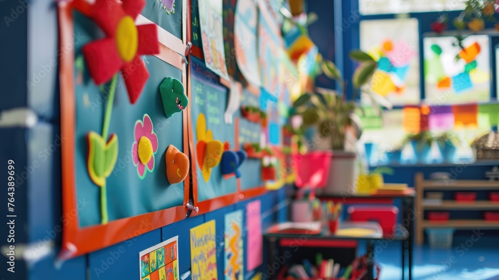 Fototapeta premium Colorful felt decorations adorn a blue classroom board, inspiring creativity and learning in young minds