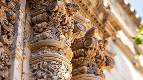 Close-up of intricately carved stone columns in warm light