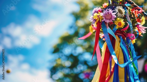 A festive maypole wrapped with bright ribbons and spring flowers under a clear blue sky