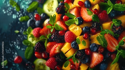 Fresh colorful fruit salad with mint on a dark moody background