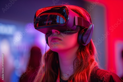 Redhead Woman Exploring VR Technology. Redhead woman wearing a VR headset explores a virtual landscape, highlighted by ambient red and purple lighting. © Old Man Stocker