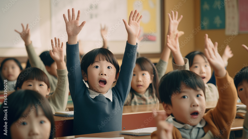 Crianças japonesas levantando as mãos na sala de aula - obrazy, fototapety, plakaty 
