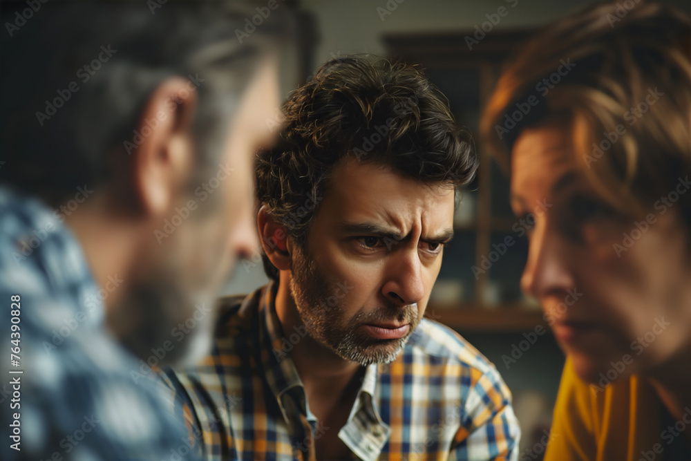 A man in the middle of a tense discussion with a focused and concerned expression, with another person blurred in the background. A man in the middle of a tense discussion with a focused and concerned expression, with another person blurred in the background.