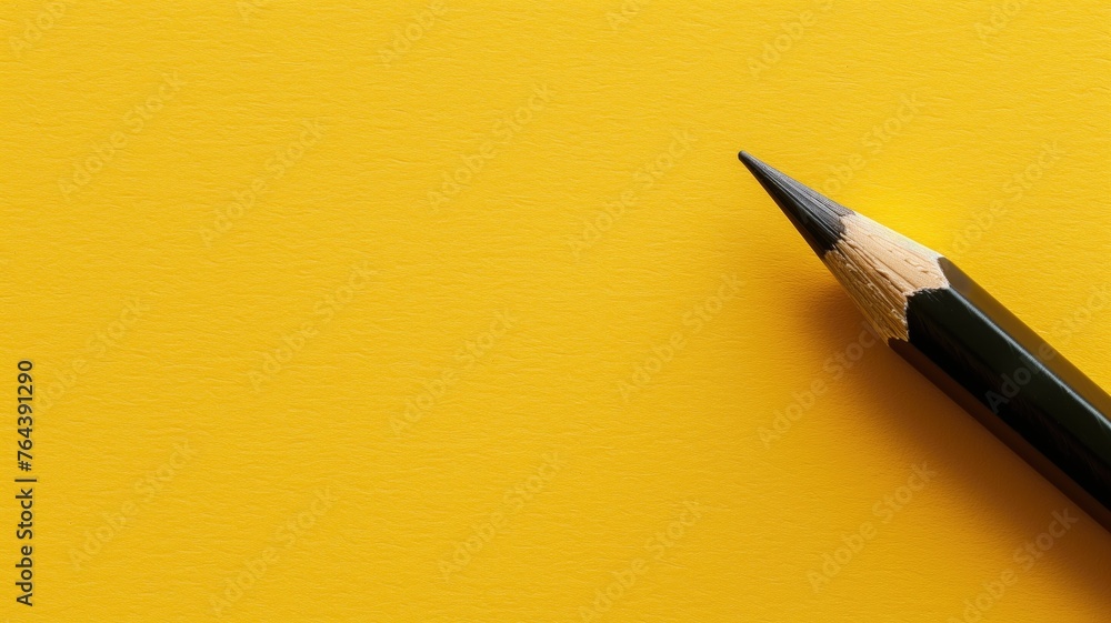 A sharpened black pencil placed diagonally on a vibrant yellow backdrop A sharpened black pencil placed diagonally on a vibrant yellow backdrop