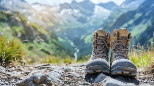 A pair of hiking boots ready for adventure against a majestic mountain backdrop