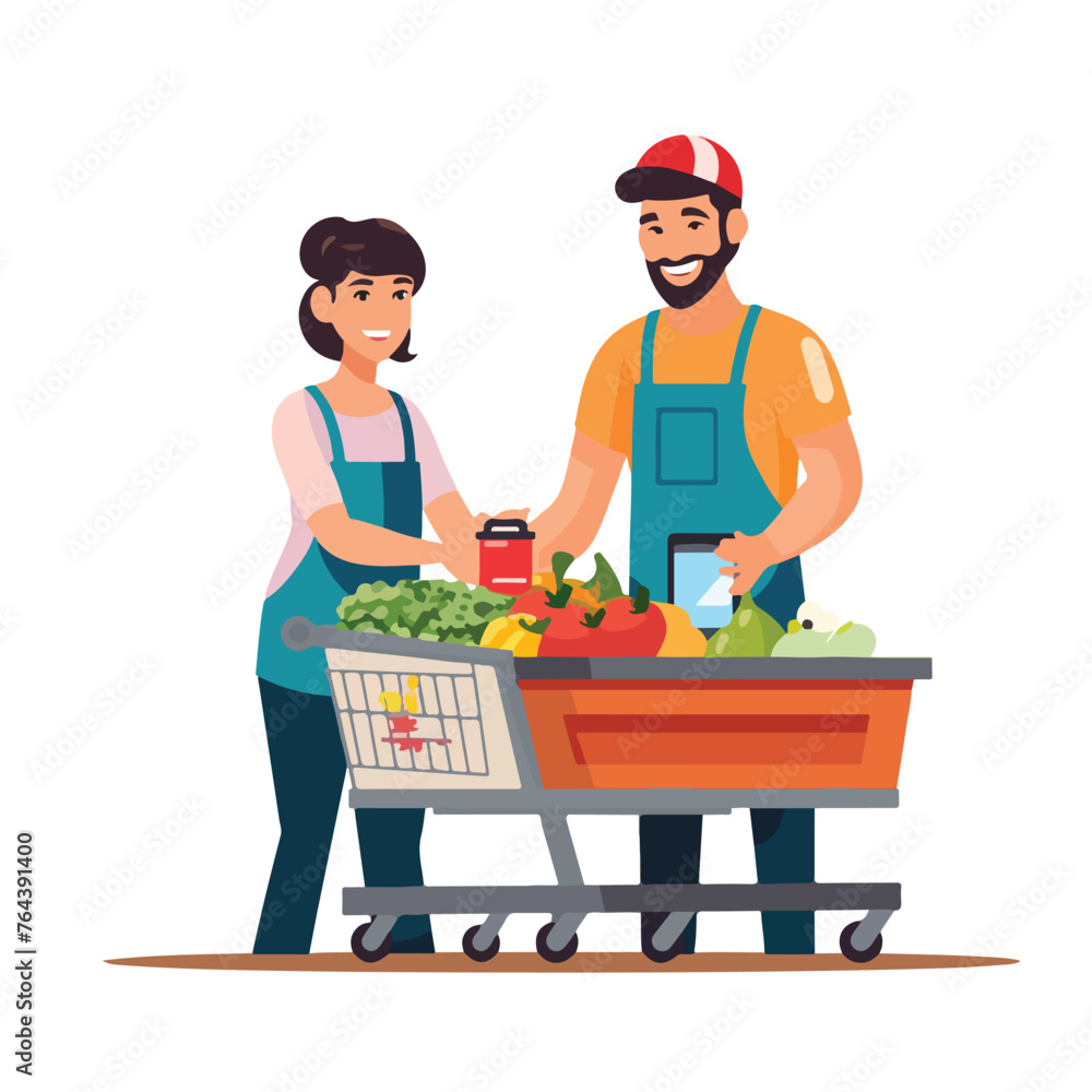 Avatar supermarket worker at cash register and cust