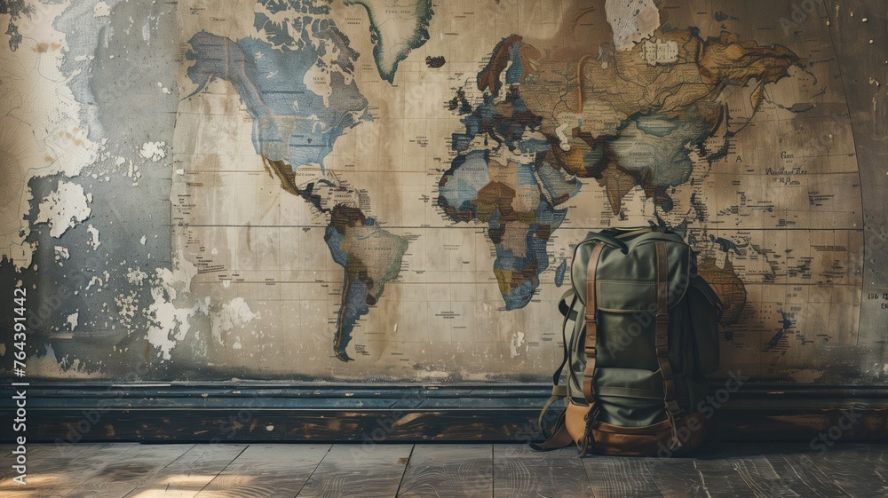 Traveler's vintage backpack against an aged world map, adventure awaits - obrazy, fototapety, plakaty 
