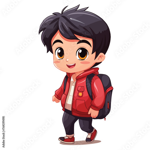 Back to school boy red bag smile black hair flat ve