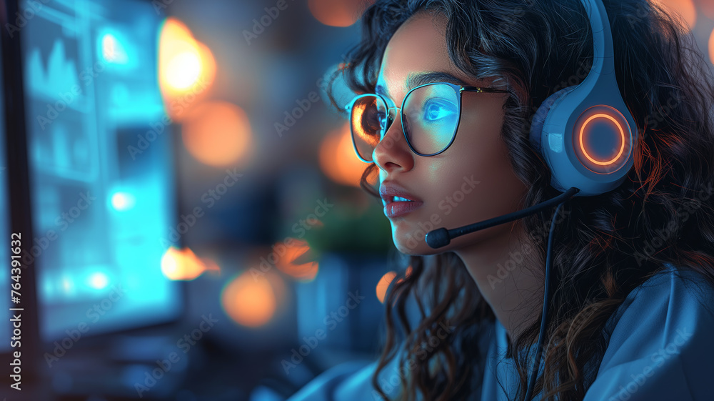 an ethnic woman online at a call center for big corporate tech, in business-themed, Horizontal format in JPG, photorealistic Illustration. Generative ai