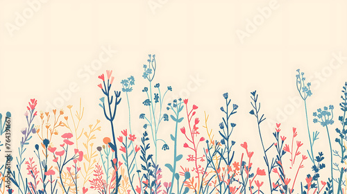 Minimalist colorful plain background with some flowers and plants on the edges, copy space © Asma