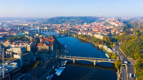 Picturesque view from drone of Prague on banks on Vltava river, capital and largest city of Czech Republic on fall day