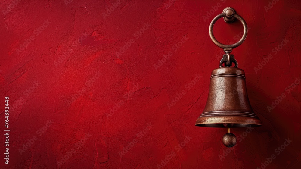 Obraz premium An antique bronze bell hangs against a richly textured red wall, evoking a sense of tradition and history