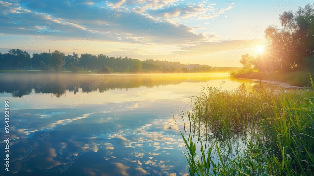 A tranquil sunrise scene over a serene lake, reflecting the sky and surrounded by lush greenery A tranquil sunrise scene over a serene lake, reflecting the sky and surrounded by lush greenery
