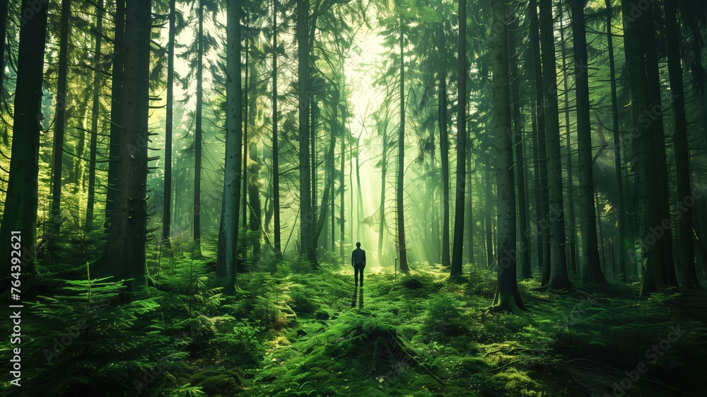 A solitary figure stands in a lush, green, misty forest exuding mystery