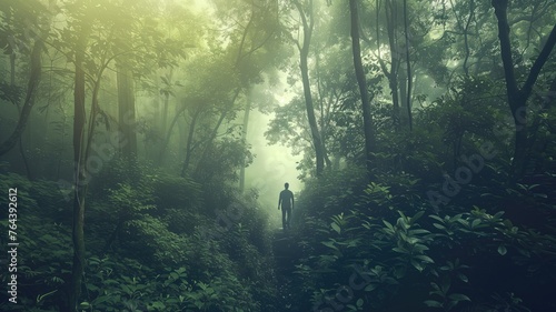 Silhouetted figure on a misty forest trail