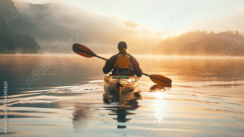 A solitary figure kayaks through a serene, mist-covered lake surrounded by mountainous terrain at sunrise